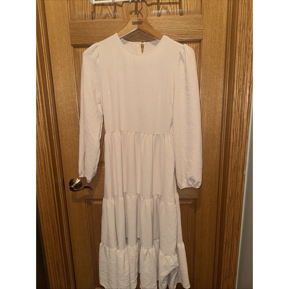 Boho Tiered Dress Midi - Maxi Smocked Amish Casual Festival Core Cream Size M/L